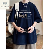 BAA AND BAA短袖t恤男款2025夏季小众宽松半袖衣服美式潮牌纯棉体恤宽松上衣 藏蓝色A5106-HLFS L 【建议110斤-130斤】