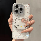 社前超好看镶钻kitty猫镜子适用苹果16pro/16promax女款手机壳iPhone17新款17promax可爱保护壳 【简洁白+满屏kitty猫】立体大脸KT猫 苹果16ProMax