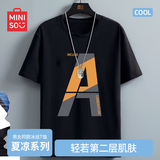 名创优品（MINISO）冰丝短袖t恤男士夏季凉感透气半袖学生休闲百搭男装运动速干衣服  黑色(倾斜字母) 2XL 185(体重160-180斤左右)