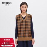 深呼吸DEEP BREATH女装复古提花宽松纯羊毛针织马甲背心A300797 卡其-格纹 S (2码)