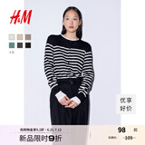 H&M女装毛针织衫夏季慵懒风圆领长袖打底衫短款外套0579541 黑色/白色条纹 M 165/96