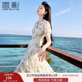 香影绿色印花连衣裙女2025夏季新款木耳边系带圆领垂感飘逸仙气裙 绿色 M
