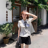 素织锦学院风百褶裙套装裙子女日系短袖衬衫小个子短裙半身裙两 短袖荷叶边条纹衬衫+百褶裙 均码