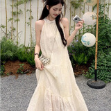 南木熊法式复古挂脖连衣裙女2026夏季新款仙女气质白色蕾丝海边度假长裙 挂脖连衣裙均码【80-120斤】