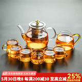 瓷牌茗茶具 玻璃茶具套装家用功夫茶具带过滤内胆泡茶壶茶杯盖碗整套茶具 金盖雅趣壶金色杯8件套