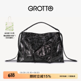GROTTO个乐翻领包真皮大容量通勤小众机车风手提单肩斜挎包礼物 暗夜银 L