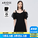 艾诺丝雅诗【商场同款】夏新珍珠网纱泡泡袖短袖小清新小黑裙连衣裙10429006 黑色 S