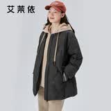 艾莱依羽绒服女假两件短款连帽宽松时尚保暖棒球服外套 炭黑155