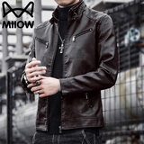 猫人夹克皮衣男春秋季外套机车服修身潮流休闲立领上衣 咖啡色 L