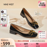 NINE WEST/玖熙低跟单鞋牛漆皮浅口方头金属饰扣工作女鞋NF445006FK 黑色38
