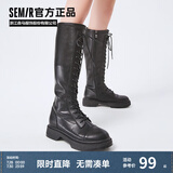 Semir官方正品时装靴女靴春秋季新款潮流休闲高帮系带机车靴长筒靴女 黑色 39