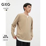 GXG男装 多色假两件简约基础圆领长袖T恤男内搭 24年秋季新品 卡其色 XL