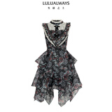 LULUALWAYS我爱露露25夏季新款复古风优雅飘逸不规则欧根纱连衣裙收腰礼服 黑色 S