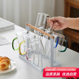 绿昌明玻璃水杯家庭水具套装茶杯家用带把手杯子6支装带挂架沥水架