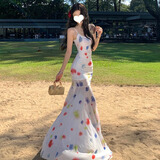 茯见水彩吊带连衣裙女2025夏季小个子长款夏日度假不规则裙摆鱼尾裙子 白色 M （建议95-110斤）