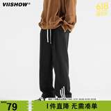 viishow秋冬加厚复古潮牌直筒运动男生条纹基础百搭设计感宽松休闲长裤子 黑色 3XL