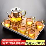 瓷牌茗茶具（cipaiming teaset） 透明玻璃茶具整套套装家用功夫茶壶茶杯会客泡茶器 金把八骏壶6金把杯+小长方盘