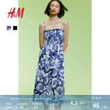 H&M女装连衣裙夏季新款简约无袖修身显瘦收腰露背吊带长裙1221999 白色/蓝色花卉 XS 155/80