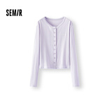 森马（Semir）长袖T恤女短款提花刺绣2025秋纯棉蕾丝花边修身开衫109725101014