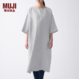 无印良品 MUJI 女式 法国亚麻水洗 七分袖连衣裙 412688 BCL06C1S 灰色 L