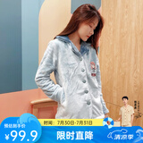 芬腾 珊瑚绒睡衣女冬季加厚法兰绒开衫加绒休闲秋冬款家居服套装 浅兰（卡通） S