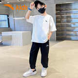 安踏儿童运动套装秋季短袖长裤两件套T恤2025新款透气6-16岁衣服 白T黑裤 160