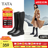 他她（TATA）黑色V口长筒靴女英伦加绒抗寒高筒靴骑士靴冬季G5JA1DG2 黑色（单里） 37