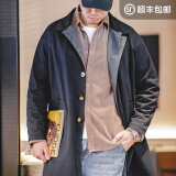 马登工装 美式休闲撞色巴尔玛肯风衣重磅宽松中长款大衣外套男春季 藏青色 M