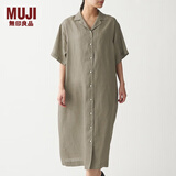 无印良品 MUJI 女式 法国亚麻水洗 五分袖开襟连衣裙 BCL08C0S 深咖啡色 M-L