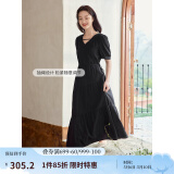 茵曼（INMAN）法式薄荷曼波连衣裙2024夏女装新品V领灯笼袖抽绳 午夜黑 S