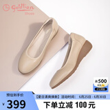 金利来（goldlion）女鞋坡跟皮鞋时尚圆头牛皮浅口一脚蹬单鞋女 G662320016杏色38