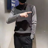 才俏毛衣男2025秋季新款修身圆领套头上衣潮流帅气条纹针织打底衫男 半高领条纹  深灰色 M 适合85-105斤