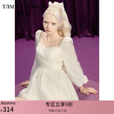 糖力在逃公主 秋新款长袖蝴蝶结绑带轻薄欧根纱花苞连衣裙女 杏色 S