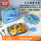 泰福高（TAFUCO）饭盒学生儿童不锈钢碗餐盘便当盒宝宝餐具上班族注水保温饭盒 1.5L小鲸鱼-五格【带汤碗餐具】