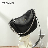 天美意（TEENMIX）女包牛皮贝壳包高级感手提包通勤大容量斜挎单肩包生日礼物送女友 黑色