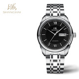 上海（SHANGHAI）手表男款 男士自动机械表 国民系列 经典双历黑盘钢带SH3008NB-1