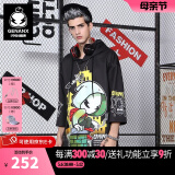 闪电潮牌（GENANX）七分袖情侣卫衣宽松潮动漫印花帽衫男 黑色 S
