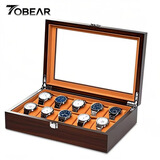 TOBEAR高档木制手表收纳收藏盒展示盒男女表家用带锁大容量多表位首饰盒 木纹10表位