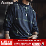 马登工装 复古几何格纹针织套头毛衣男春季圆领宽松学院风百搭上衣 藏青色 （宽松偏大） M