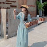 妹丫高品质复古薄款牛仔连衣裙女夏2025新款法式复古收腰显瘦长裙子 浅蓝色 S 建议85-100斤