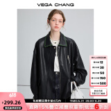 VEGA CHANG黑色皮衣女2025春秋宽松显瘦机车风pu皮短外套 松绿黑 M