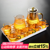 瓷牌茗茶具（cipaiming teaset） 透明玻璃茶具整套套装家用功夫茶壶茶杯会客泡茶器 金盖雅致六彩杯8件套+小长方盘