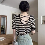 妙奕嘉短袖t恤女新款2025年t恤衫女装夏季正肩上衣宽松针织条纹女生短款 黑杏条纹露背上衣 均码 【建议125斤内】