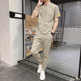 花花公子短袖t恤男套装夏季冰丝上衣裤子两件套休闲男装仿棉麻潮流半袖帅 MK2855卡其（搭配长裤） XL （125-140斤）