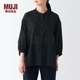 无印良品 MUJI 女式 水洗 棉强捻 七分袖罩衫 BCA36A2S 黑色 XS-S