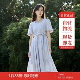 茵曼（INMAN）夏季法式收腰提花肌理女装方领连衣裙文艺风泡泡袖裙子 蓝色 L