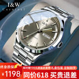 I&W CARNIVAL HWGUOJI【情人节礼物】瑞士品牌手表男机械表夜光防水男生手表双日历男表 [98%用户选择]银灰钢带|明星同款
