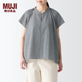 无印良品（MUJI）女式 强捻 法国袖罩衫 短袖休闲百搭衬衫 宽松衬衫 BCF50C3S 黑色格纹 L(165/88A)