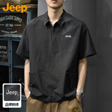 JEEP吉普短袖T恤男士凉感polo衫男潮牌宽松半拉链速干衣服男装黑色L