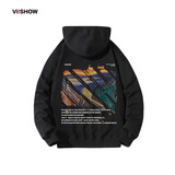viishow 新款樱花富士山涂鸦印花连帽男式情侣休闲卫衣黑色百搭 V71黑色 M